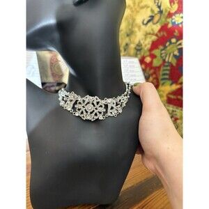 Vintage Beautiful Victorian Choker Rhinestone Silver Tone Necklace 12” Adjustabl